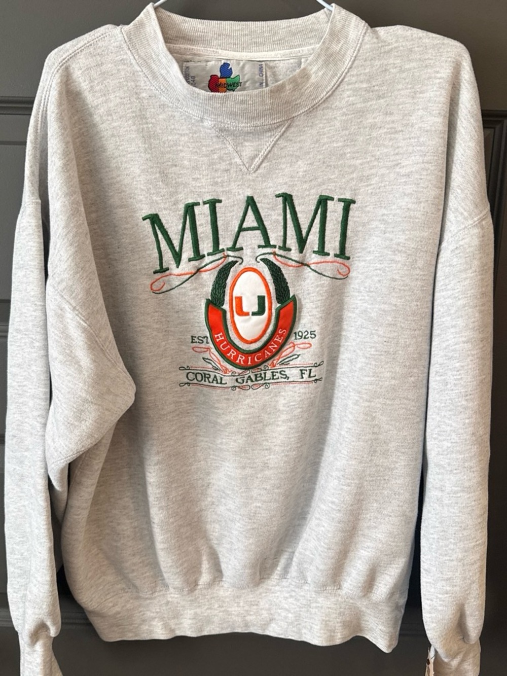 Vintage Miami Hurricanes Midwest Embroidery Crewneck Sweatshirt Large Grey NCAA
